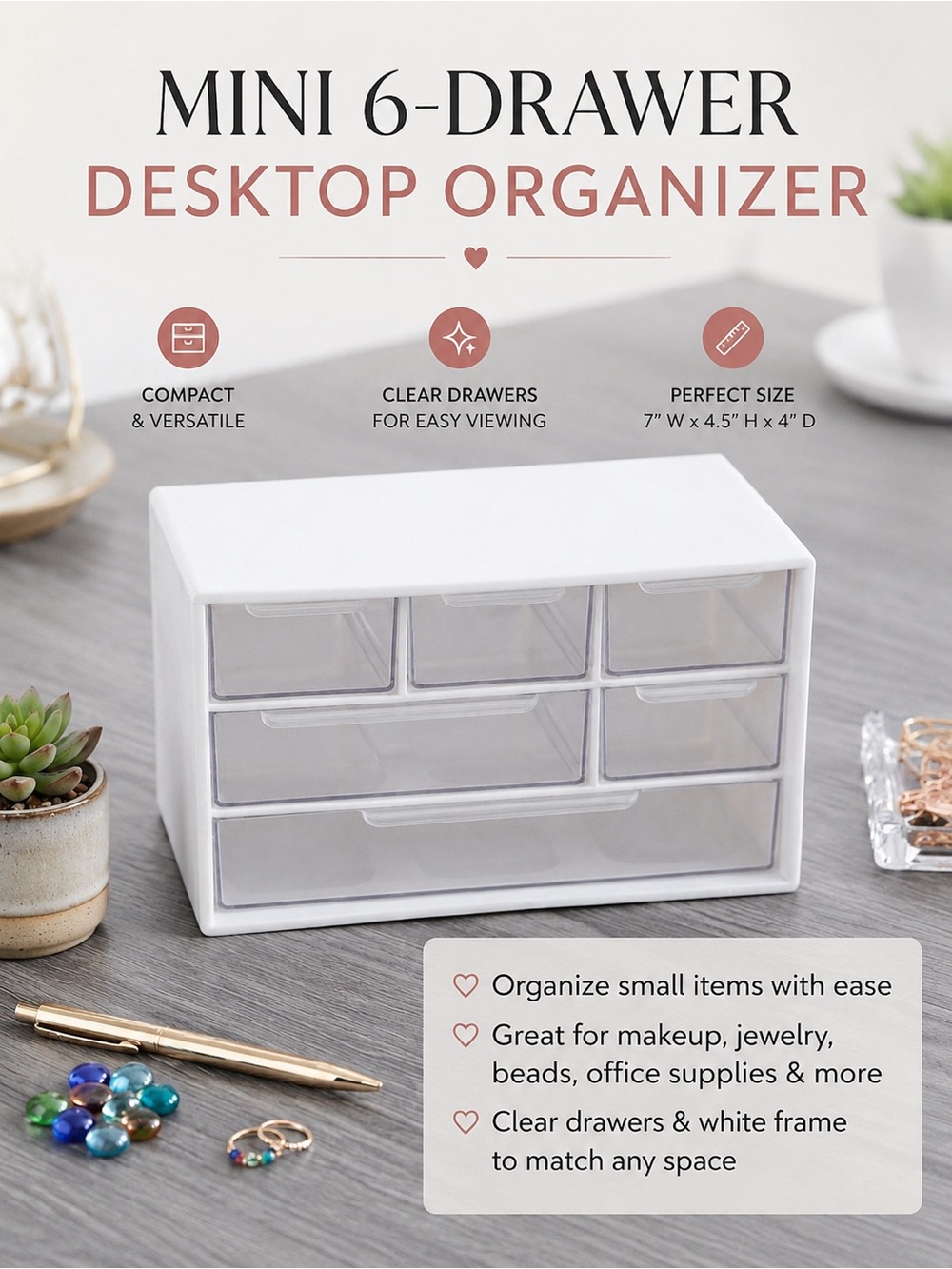 Mini 6 Drawer Organizer Storage Cabinet Jewelry Makeup Craft Desktop White